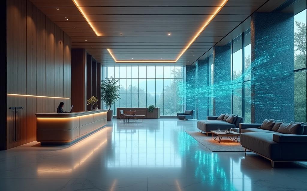 Modern hotel lobby with integrated technology interface overlay